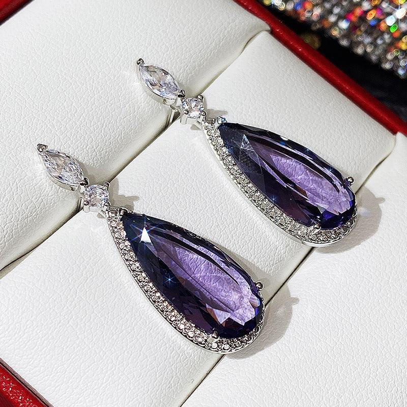 Flower And Waterdrop Colored Zircon Earrings Purple