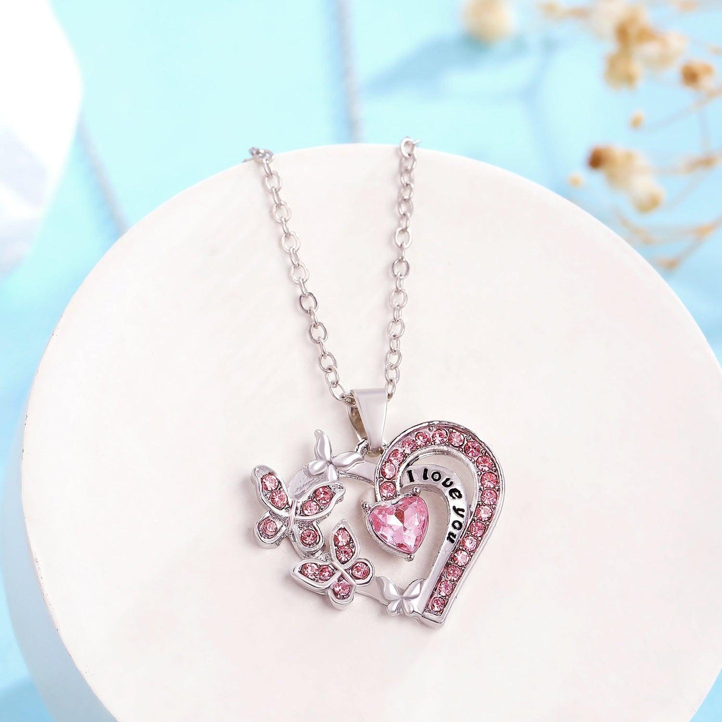 Butterfly Love Necklace With Rhinestones | Daily Wear Pink