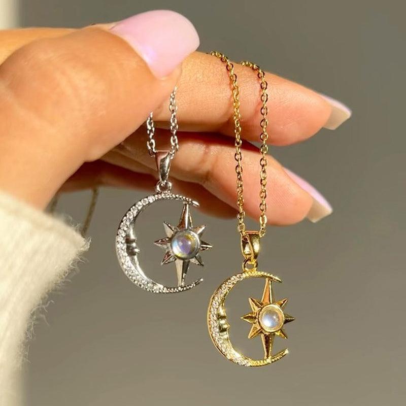 Fashion Moon Star Zircon Pendant Necklace Stainless Steel Jewelry