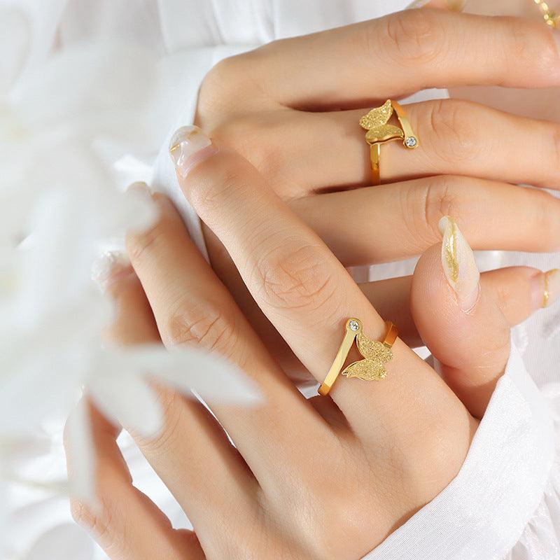 Frosted Texture Cute Butterfly Jewelry Set Gold Ring